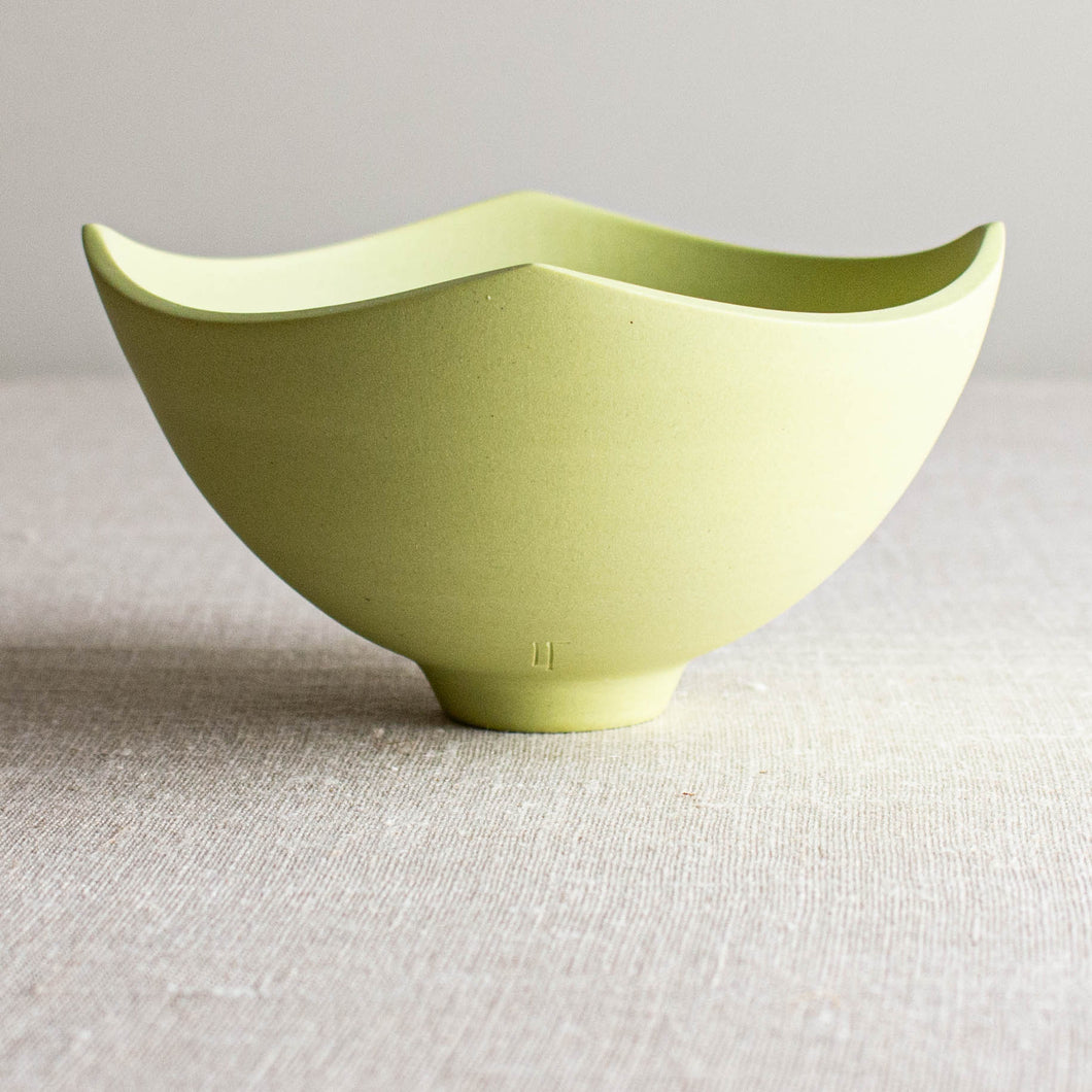 Chartreuse Porcelain Vessel with Carved Rim