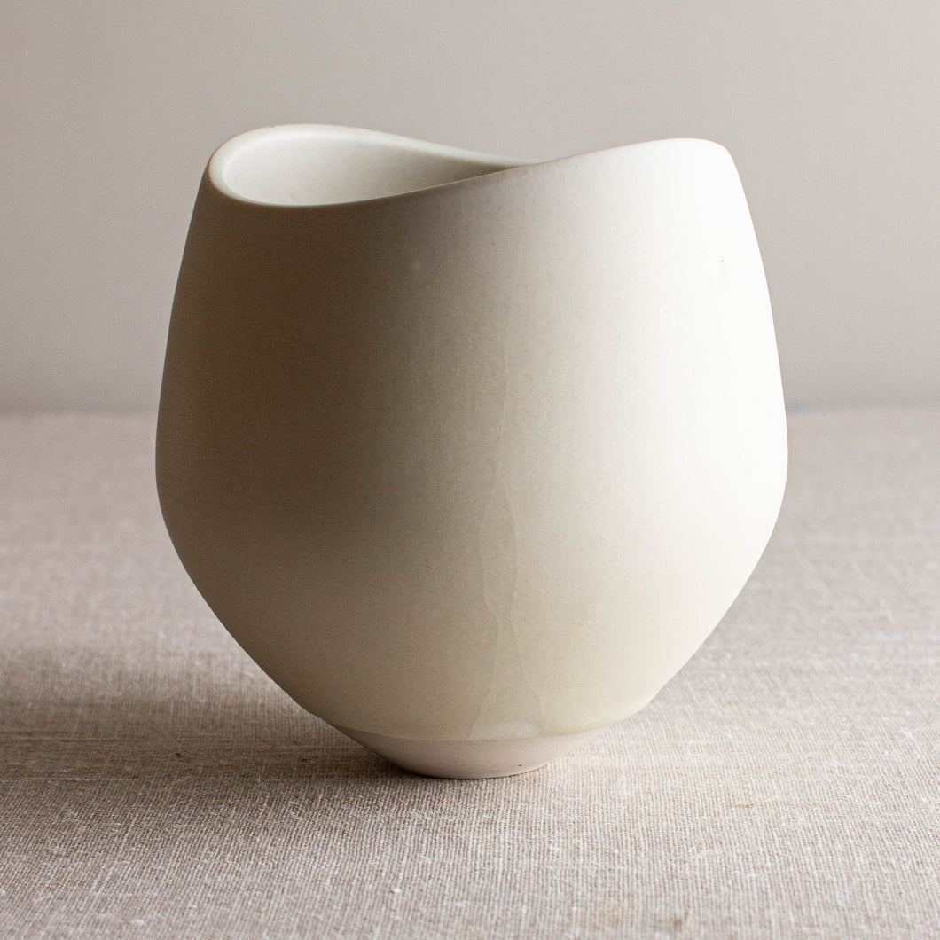 Crystalline White Matte glazed Vessel with Altered Rim